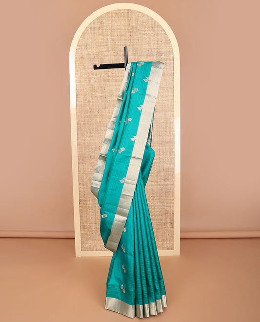 Sea blue floral design mayuri soft silk saree with contrast border & floral zari design pallu