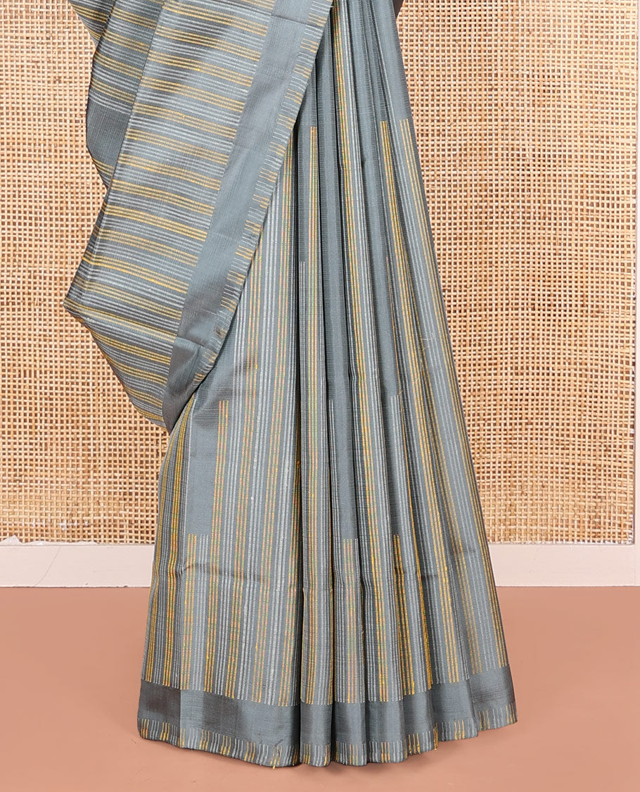 Borderless Grey Mayuri Soft Silk Saree, Subtly Woven with Muthu Stripes on Its Body, a Subtly Self-Pallu, and Paired with a Matching Blouse