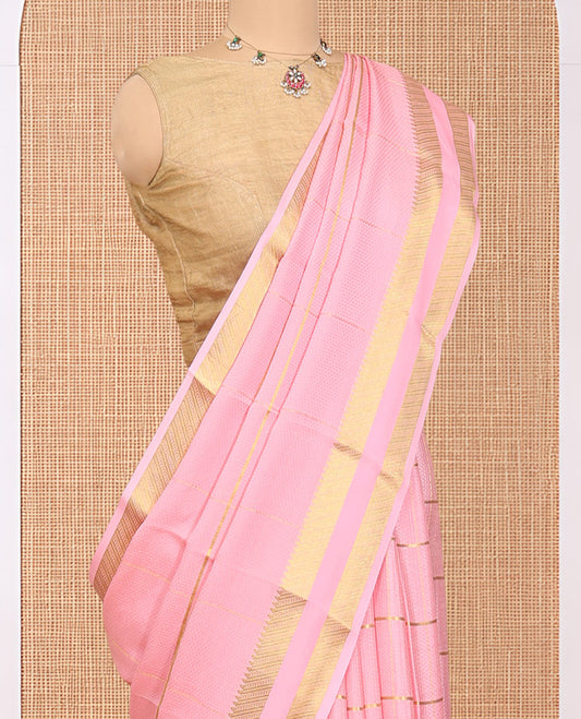 Pink Mysore Silk Saree, Highlighted with Zari Stripes, Complemented by a Traditional Zari Woven Border, a Self-Pallu, and a Matching Blouse