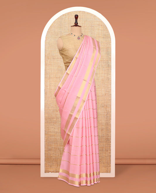 Pink Mysore Silk Saree, Highlighted with Zari Stripes, Complemented by a Traditional Zari Woven Border, a Self-Pallu, and a Matching Blouse