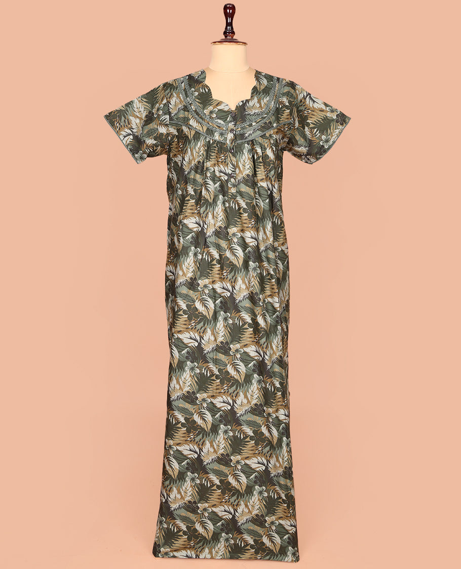 Green Cotton Nighty Bedecked with Tropical Floral Print, Featuring Lace Work, Scallop Front Neck, and Half  Sleeves
