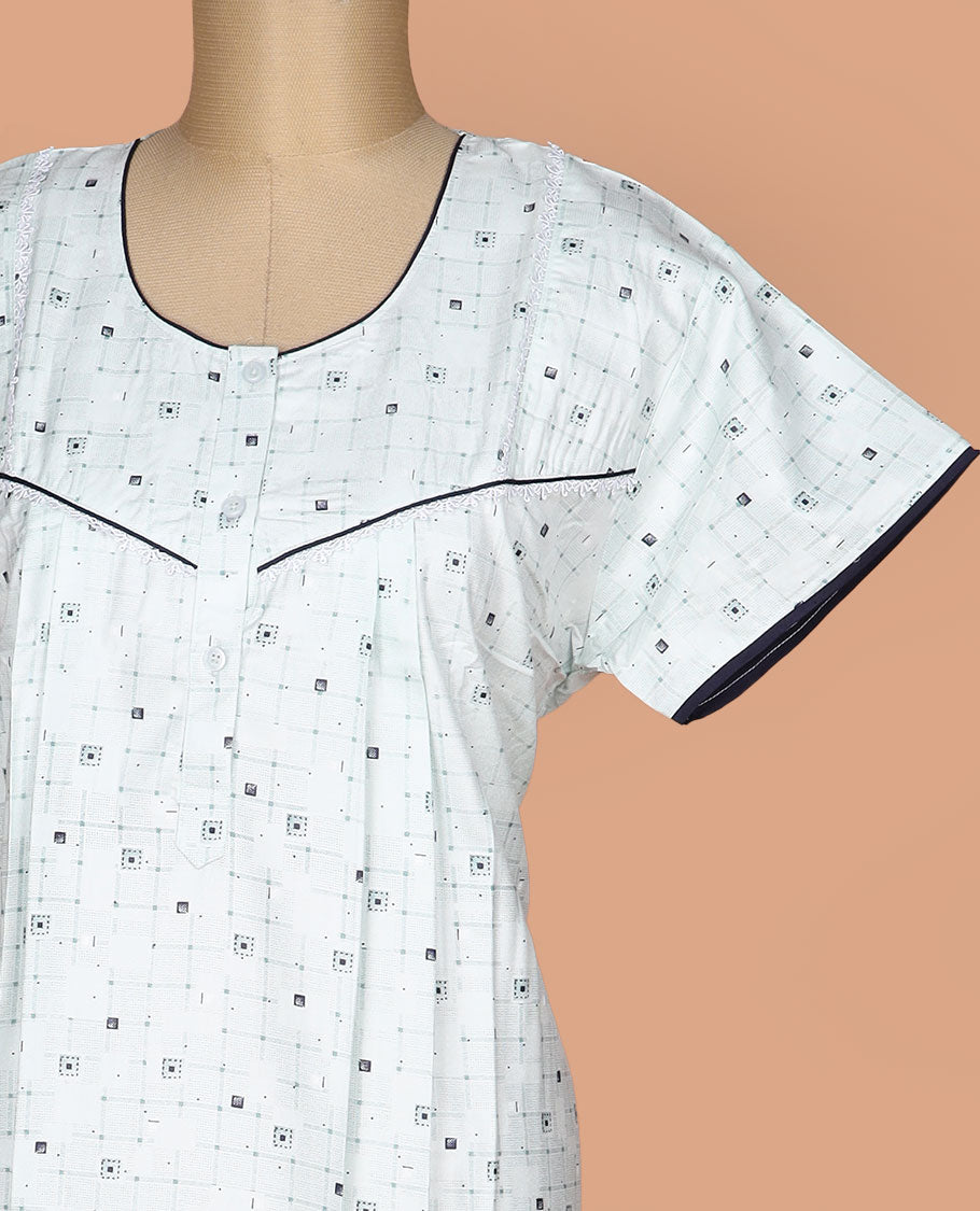 Cream geometric printed round neck half-sleeve cotton nighty