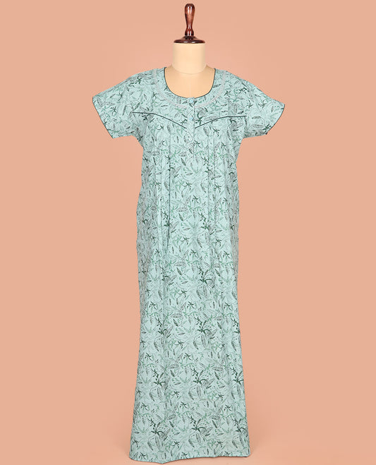 Pale Green Cotton Nighty Prettified with Floral Vine Design Print, Featuring Lace Work, Round Front Neck, and Half-Sleeves