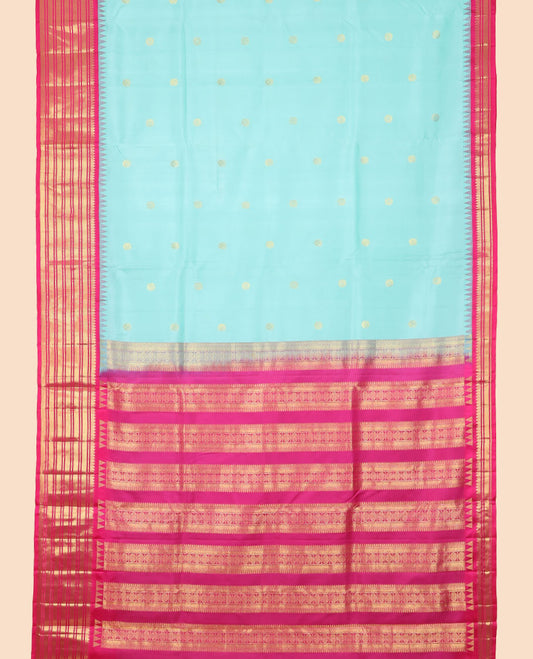 Light blue floral buttas nine yards silk saree with contrast traditional zari design border & intricate zari design pallu