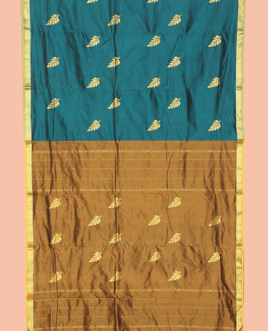 Teal Blue Art-Silk Nine Yard Saree, Woven with Leaf Buttas, a Contrast Traditional Border, Pallu of Leaf Buttas, and No Blouse