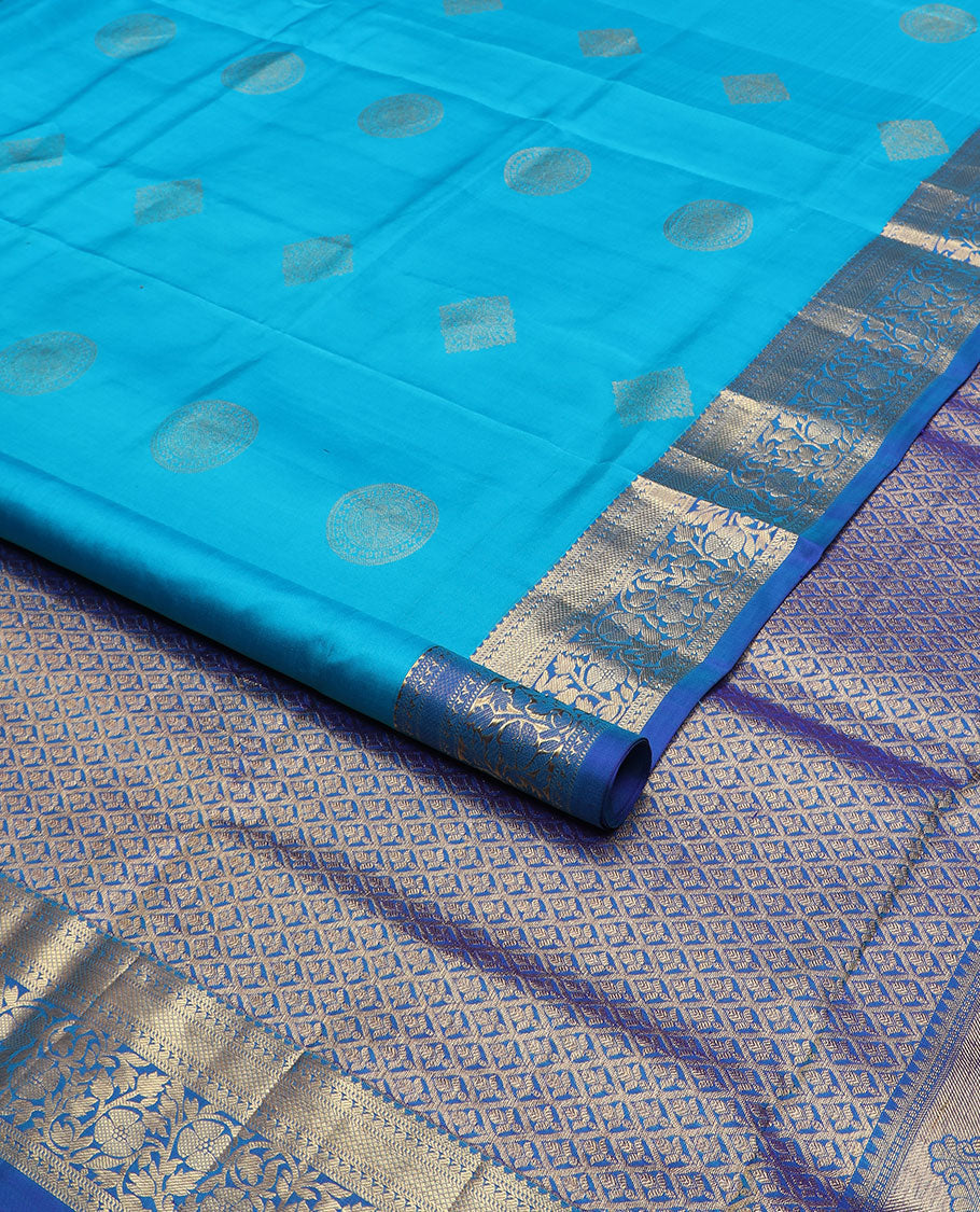 Blue zari buttas silk saree, contrast border of floral designs, and jaal pallu