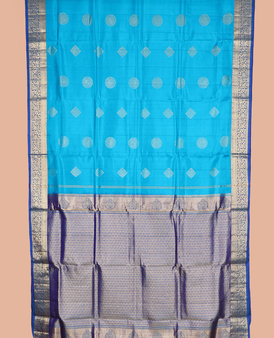 Blue zari buttas silk saree, contrast border of floral designs, and jaal pallu