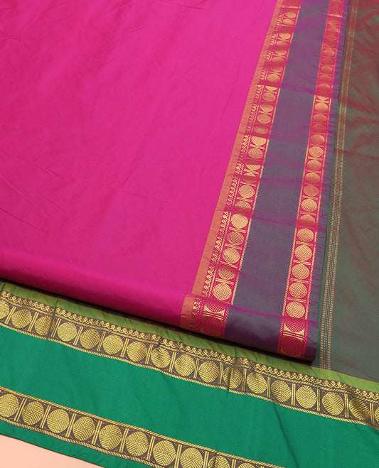 Pink Plain Ten Yard Art Silk Saree, Complemented by a Contrast Rettai Pettu Traditional Border of Rudraksham Motifs, and Pallu Mirrors the Same Border Designs