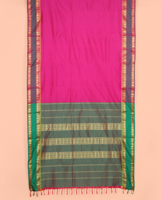 Pink Plain Ten Yard Art Silk Saree, Complemented by a Contrast Rettai Pettu Traditional Border of Rudraksham Motifs, and Pallu Mirrors the Same Border Designs