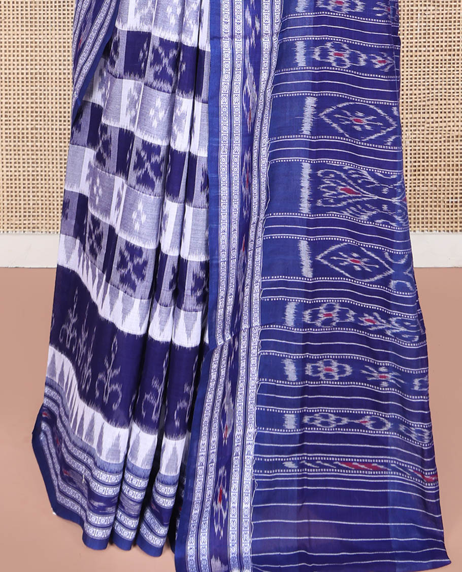 Blue Odisha Cotton Saree, Embellished with Butta Enclosed Checks and Temple Designs All Over the Body, Subtly Woven Border, Pallu Depicts Geometric Patterns, and Paired with a Matching Blouse