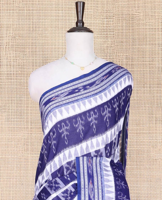 Blue Odisha Cotton Saree, Embellished with Butta Enclosed Checks and Temple Designs All Over the Body, Subtly Woven Border, Pallu Depicts Geometric Patterns, and Paired with a Matching Blouse