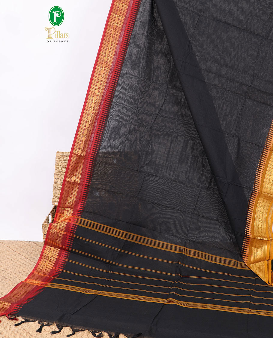 black chettinad cotton saree with contrast border of temple rudraksh designs & ganga jamuna border