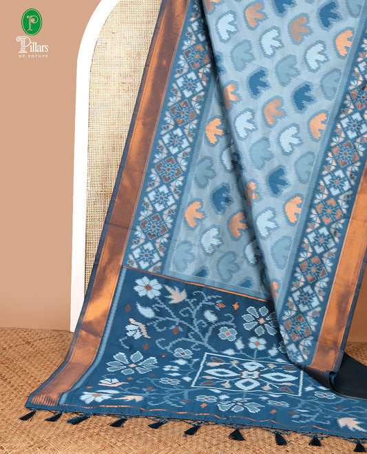 Light blue with Blue zari pochampalli weaving design mulberry silk saree with bawanchi, ikkat weaving border & rich pochampalli weaving pallu along with plain blouse