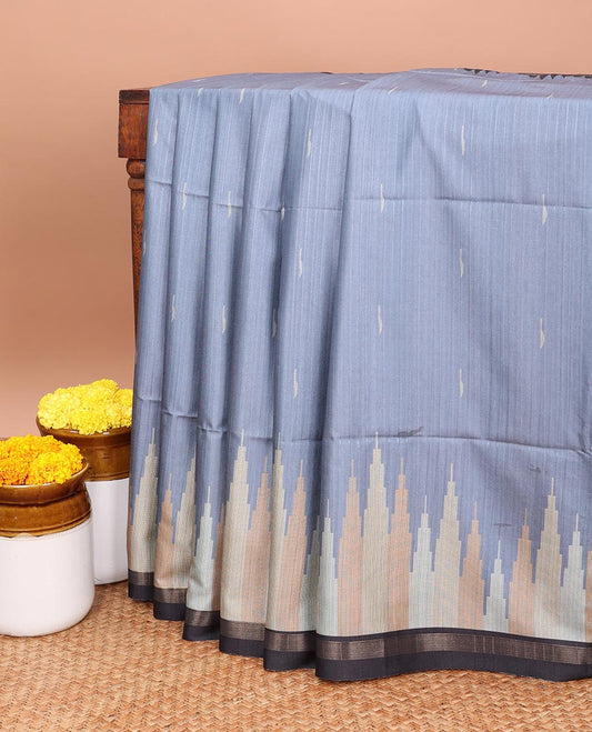 Grey small weaving type printed khicha temple design , zari piping border contrast lining with tussels pallu along with small buttas printed blouse