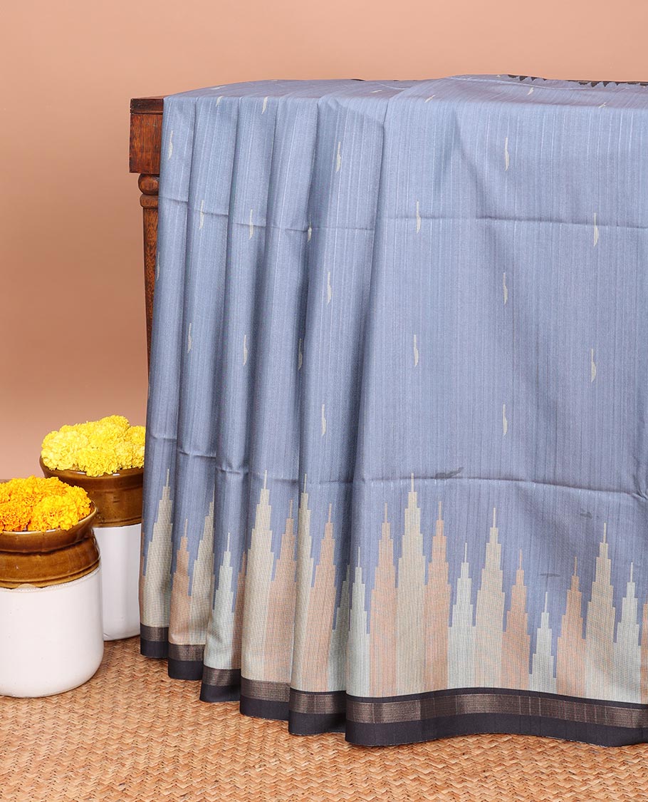 Grey small weaving type printed khicha temple design , zari piping border contrast lining with tussels pallu along with small buttas printed blouse