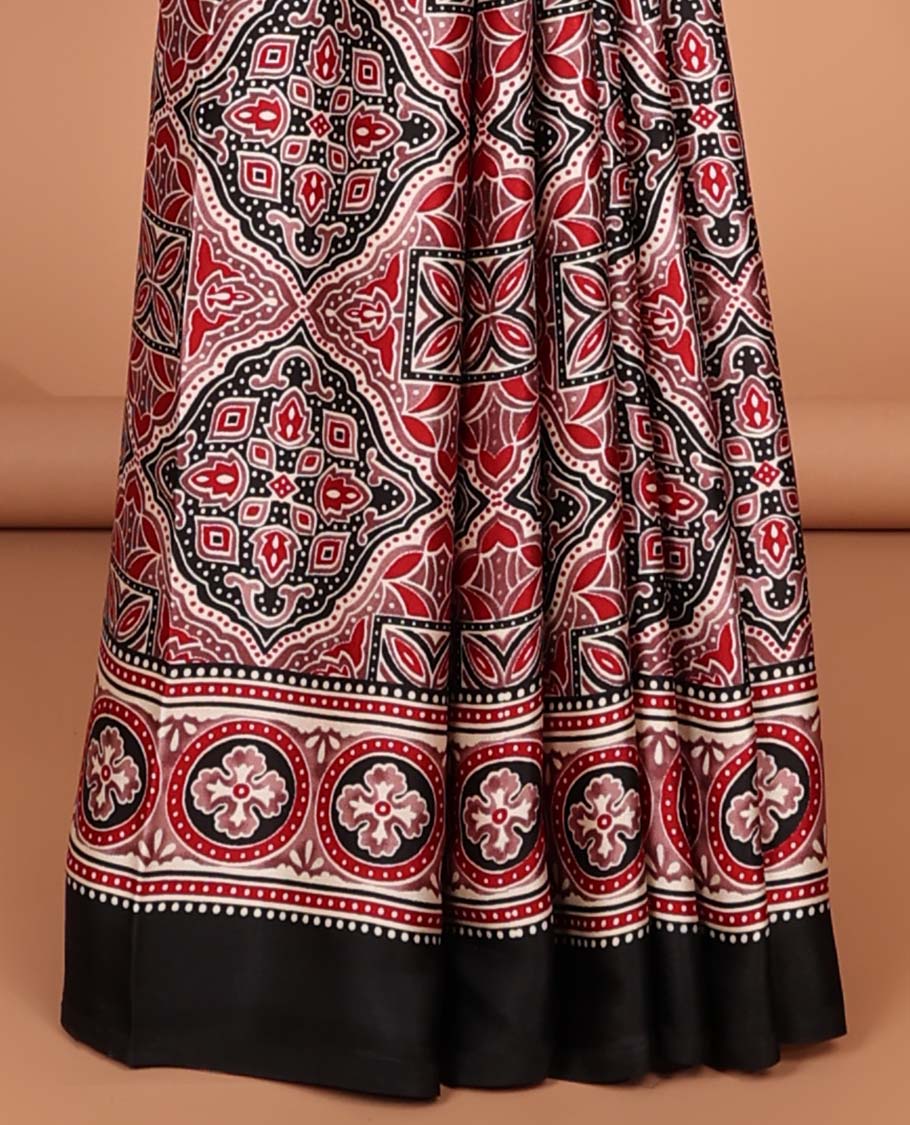 Bordeless black and red red all over ajrack printed design semi-modal silk saree with ajrack printed rich pallu, junjam & printed blouse