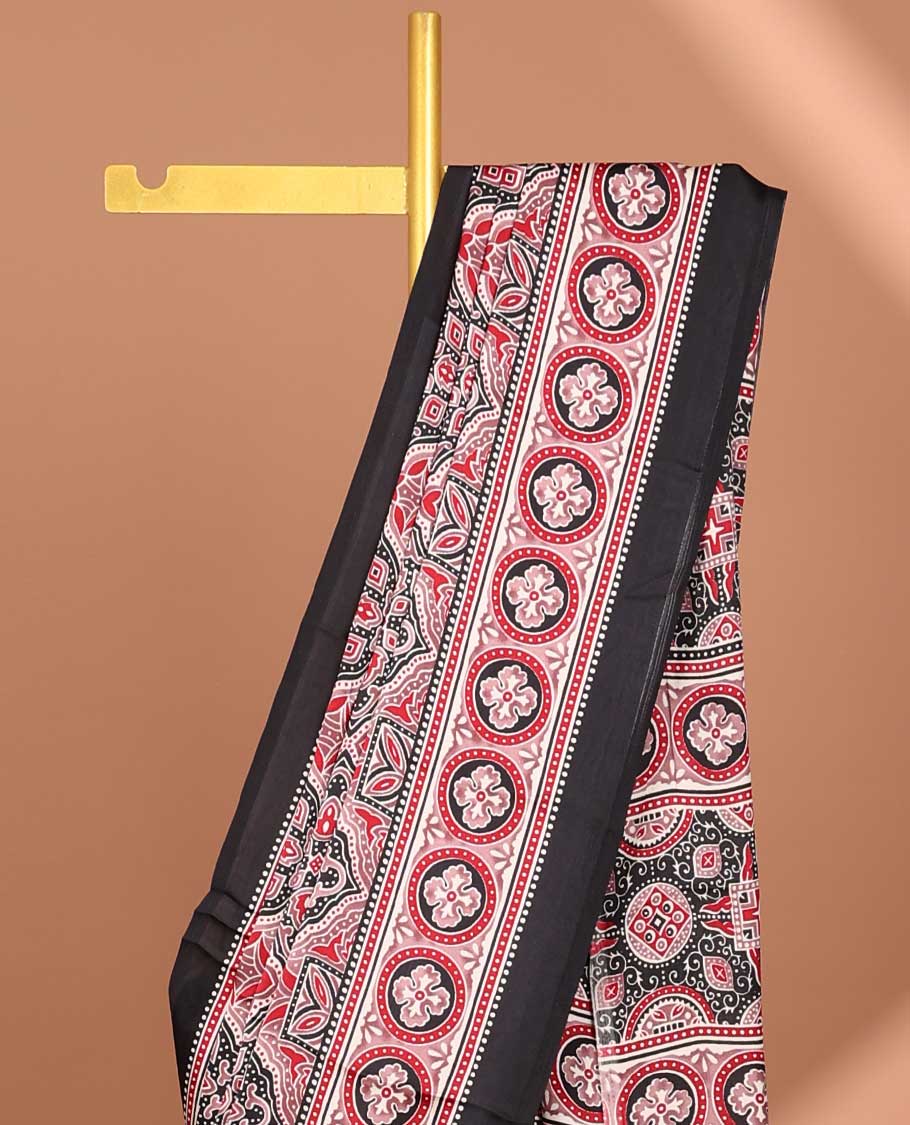 Bordeless black and red red all over ajrack printed design semi-modal silk saree with ajrack printed rich pallu, junjam & printed blouse