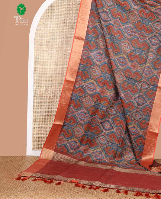 Rust ikaat style printed  khicha tussar saree with bawanchi border & jute weaving pallu along with printed blouse