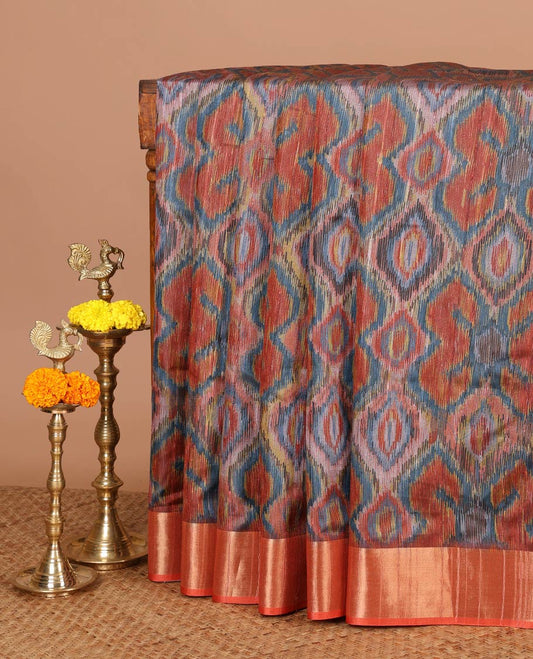 Rust ikaat style printed  khicha tussar saree with bawanchi border & jute weaving pallu along with printed blouse