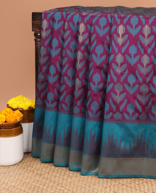 purple allover ikkat weaving design mulburry silk saree with contrast double side, temple zari border & ikkat weaving , rich pallu along with plain with zari border blouse