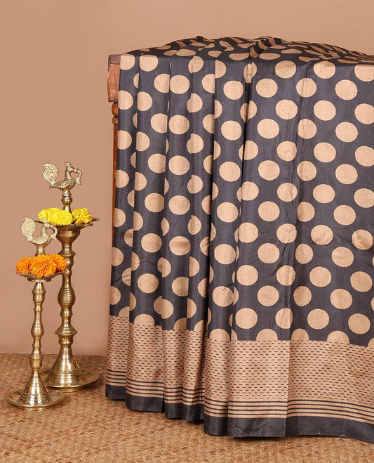 Black polka dot printed semi tussar saree with printed border & lining pallu along with do design printed blouse