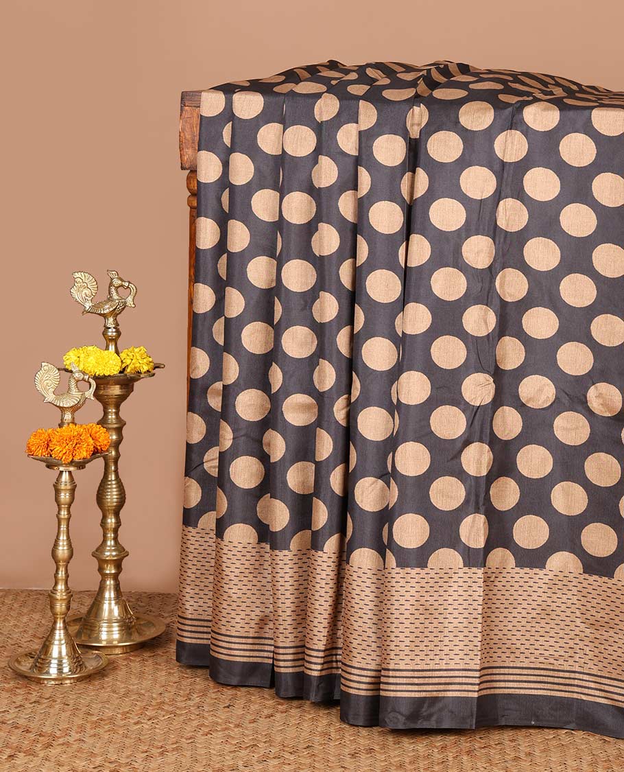 Black polka dot printed semi tussar saree with printed border & lining pallu along with do design printed blouse
