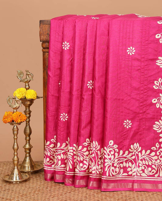Magenta batik-style floral butta printed Malgudi silk saree, batik floral design printed piping zari border & floral printed pallu