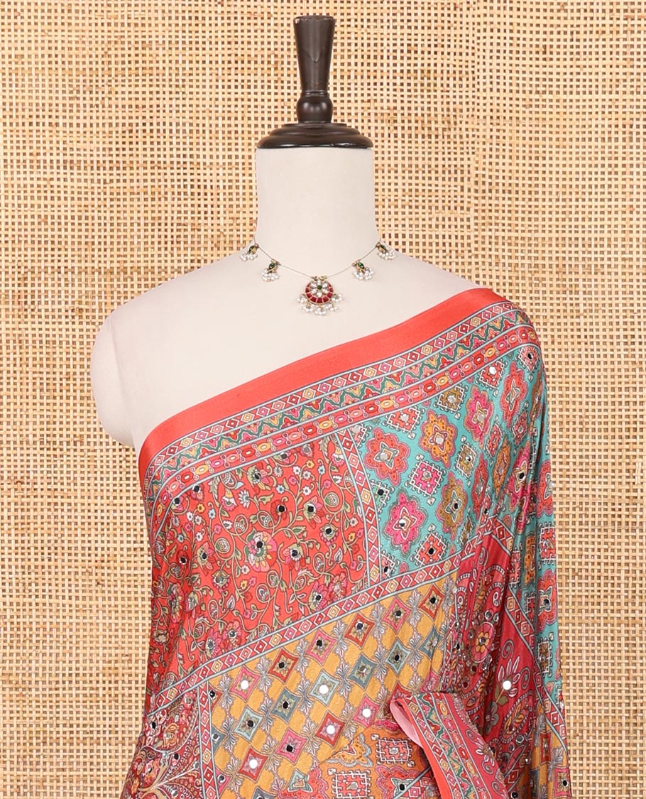 Fanta orange half-&-half colorful geometric printed & mirror embroidered masakali saree, printed border & pallu, plain blouse
