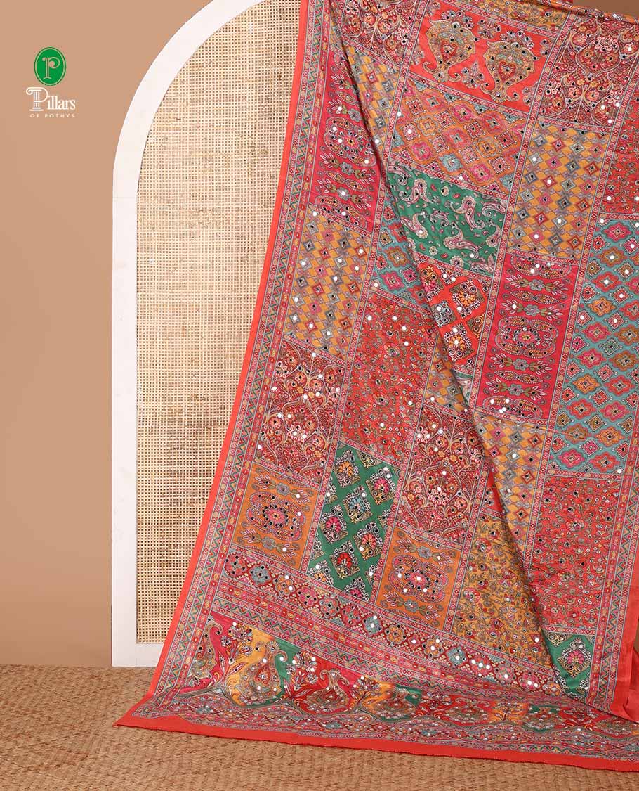 Fanta orange half-&-half colorful geometric printed & mirror embroidered masakali saree, printed border & pallu, plain blouse
