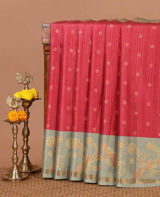 Maroon small flower butta printed katan silk saree, contrast flower & parrot motif printed border, printed pallu & blouse
