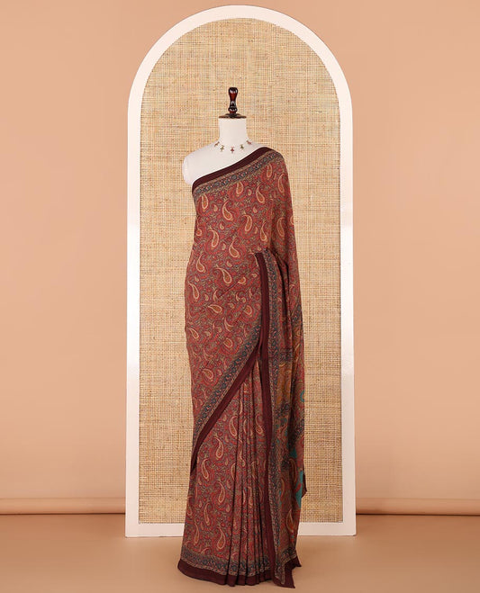 Maroon paisley design mill printed kimaya saree, plain border & paisley printed pallu