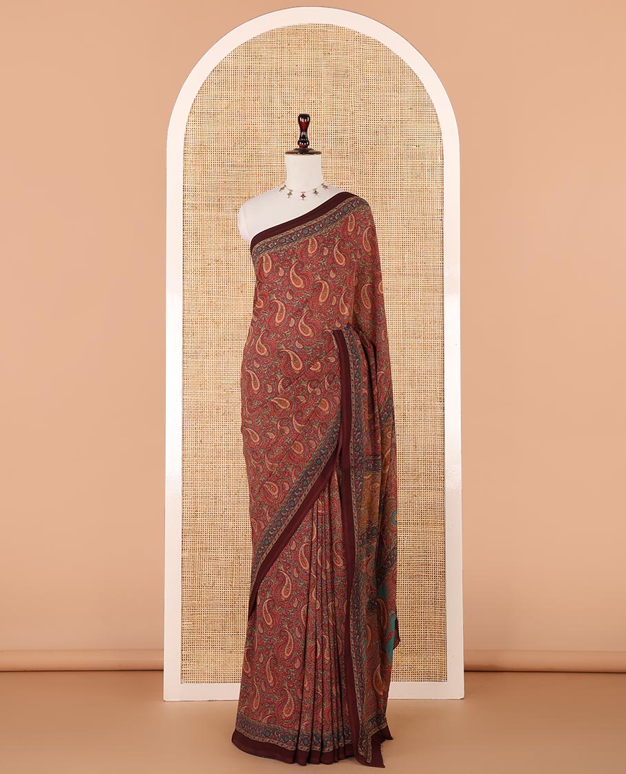 Maroon paisley design mill printed kimaya saree, plain border & paisley printed pallu