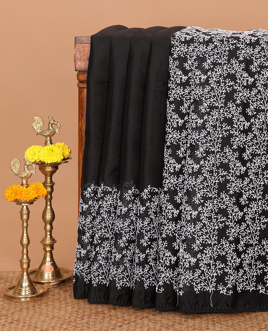 Black chikankari-style floral thread embroidery kota checks saree with lace border & plain black lace border blouse