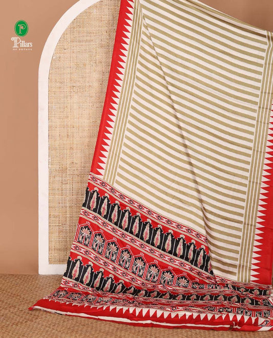 Pista green vertical stripes printed modal silk saree, contrast red temple printed border, ajrakh printed pallu & plain blouse