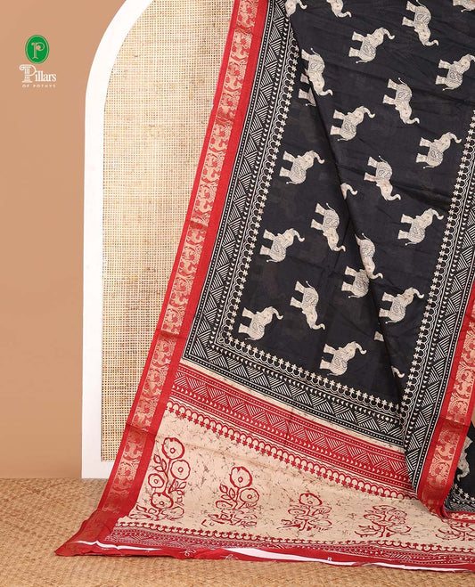 Black elephant motifs hand-block printed Assam cotton saree,contrast deer & tree zari border, floral print pallu & floral print blouse