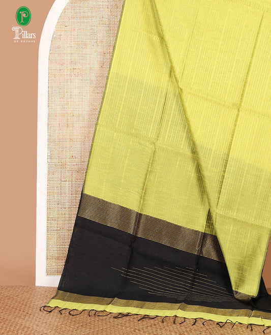 Borderless liril green horizontal zari striped semi-raw silk saree, striped pallu & contrast plain blouse