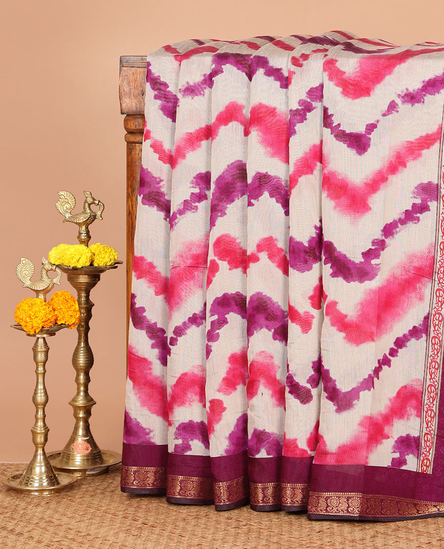 Dark violet zig-zag shibori printed maheshwari silk saree,contrast peacock zari border, nature-theme scenery print pallu & butta print blouse