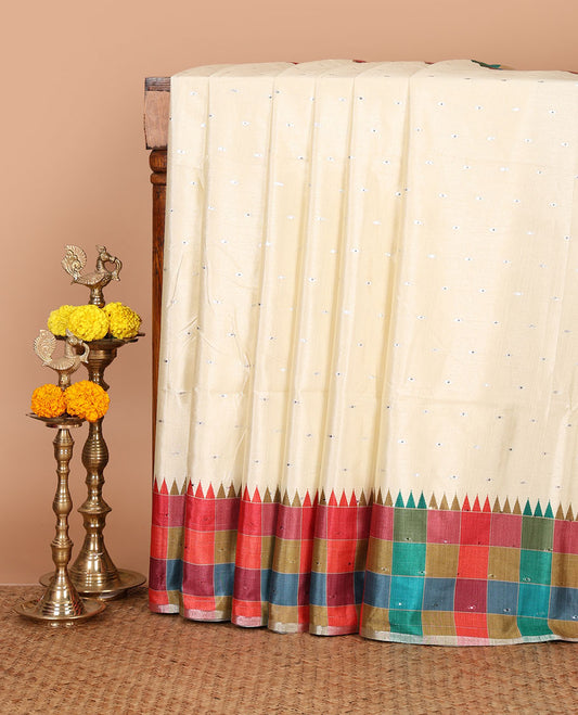Cream zari buttas Kathan silk saree, contrast border & pallu of multi-color checks & temple design, blouse of multi-color checks & buttas