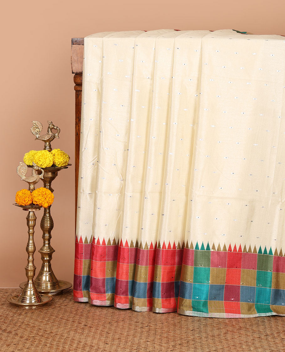 Cream zari buttas Kathan silk saree, contrast border & pallu of multi-color checks & temple design, blouse of multi-color checks & buttas