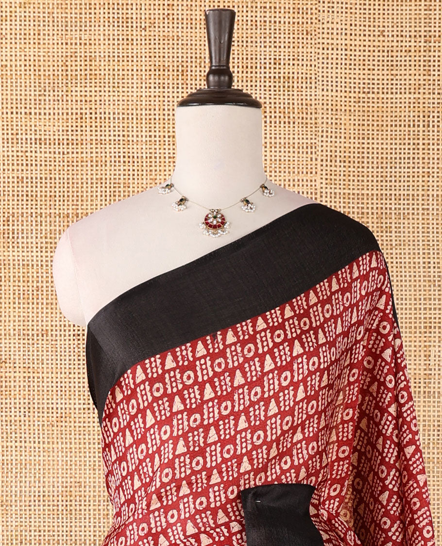 Black batik-style geometric motifs block printed khadi cotton saree,contrast border, batik floral print pallu & plain black blouse