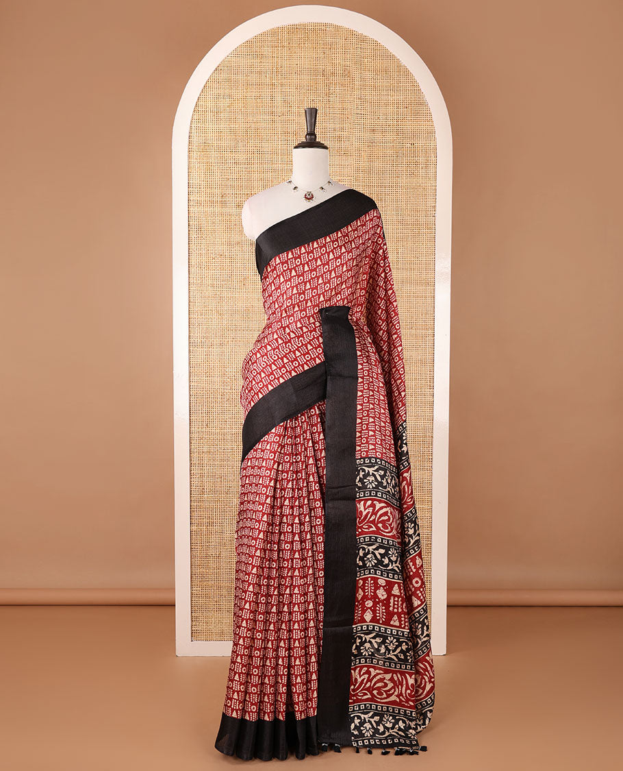 Black batik-style geometric motifs block printed khadi cotton saree,contrast border, batik floral print pallu & plain black blouse