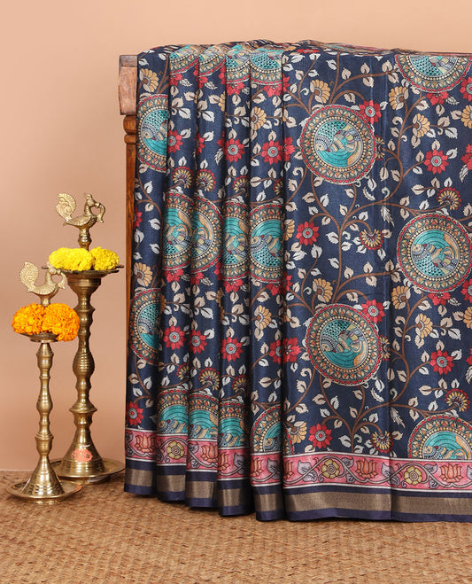 Navy blue kalamkari flora-fauna printed kadhi linen saree,contrast zari piping & floral print border,kalamkari peacock pallu & printed blouse