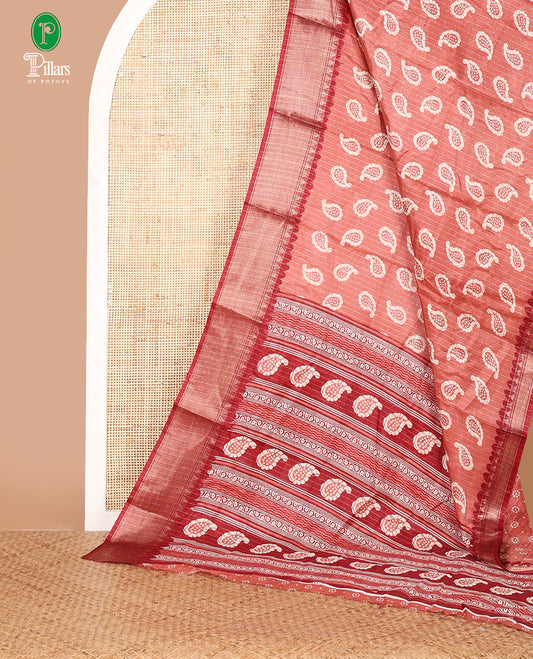 Pastel brown zari striped & batik-paisley dola silk saree,contrast traditional zari border,printed pallu & zari striped & butta print blouse