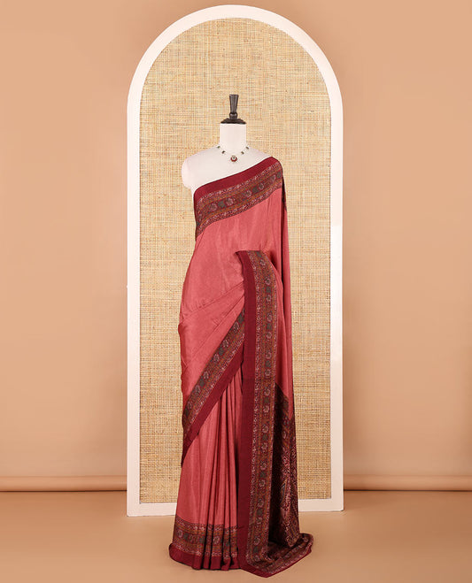 Onion pink negative-style sparsely printed crepe silk saree, contrast printed border, printed pallu & printed blouse
