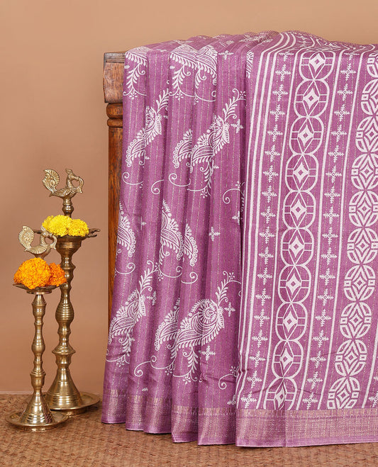 Lavender zari stripes & floral motifs printed dola silk saree, traditional zari border, printed pallu & small butta printed blouse