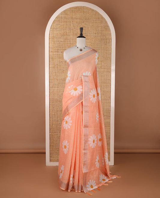 Peach sunflower motif printed linen saree, silver zari plain border & small sunflower motif print blouse