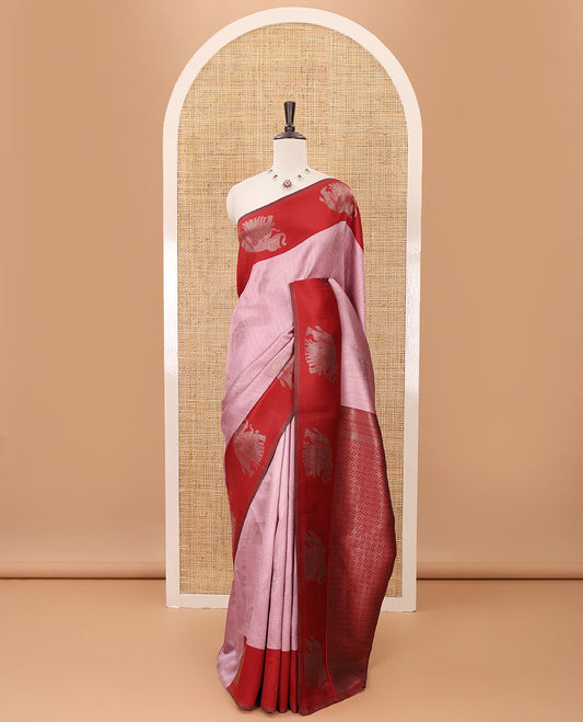 Pink zari checked & elephant motifs woven kanchi silk saree, contrast korvai-style border of elephant motifs, intricate pallu & plain blouse