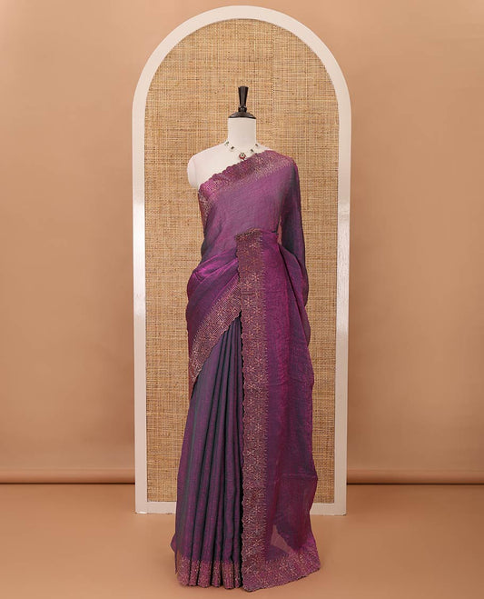 Purple plain fendy-chiffon saree, scallop Swarovski copper stone work border & contrast Swarovski copper stonework blouse