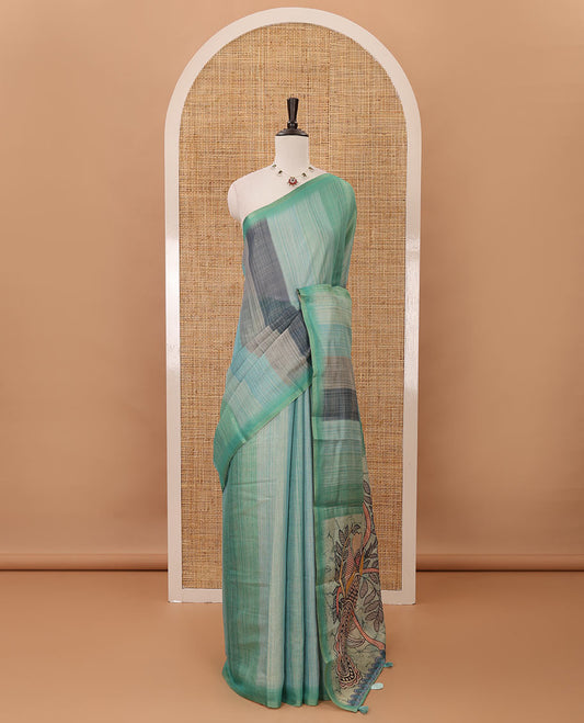 Green rainbow-striped mercerised tissue saree, madhubani-style peacocks print pallu & kalamkari floral vine print pallu