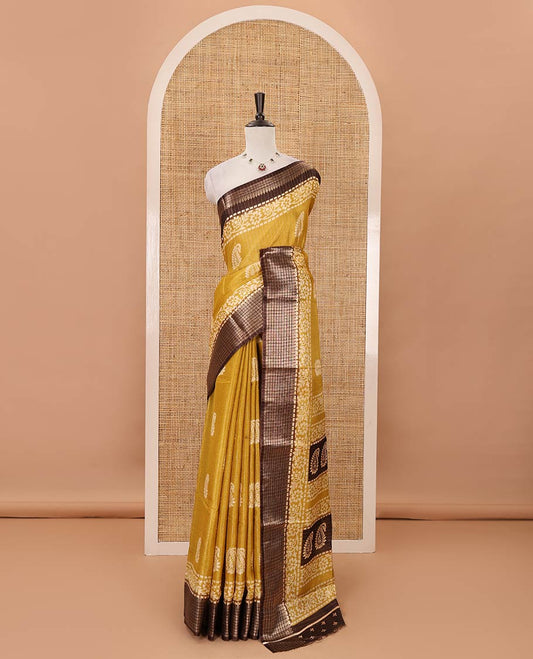 Mustard zari striped & batik paisley-floral printed dola silksaree,contrast zari border,batik paisley print pallu & blouse of print & zari work